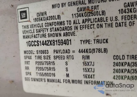 1999 Chevrolet S Truck S10 z USA, uszkodzony, nr VIN 1GCCS1442X8159401